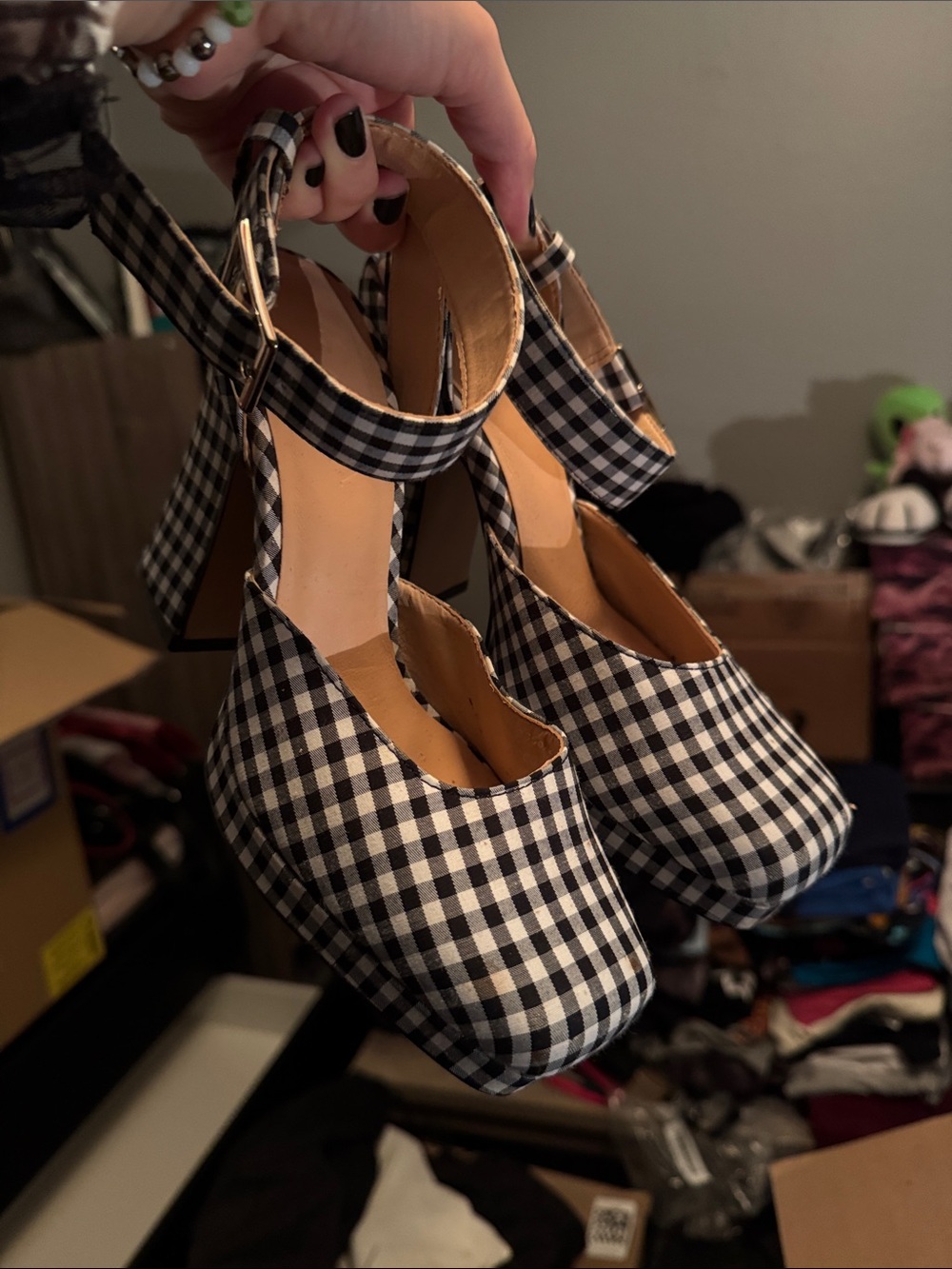Zara Gingham Black and White Ankle Strap Platform Heels